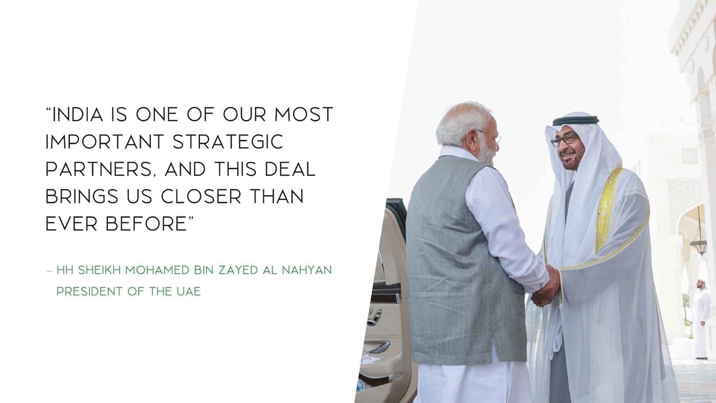 A frame from the video: a quote about India as one of the UAE’s most important strategic partners, beside a photograph of two leaders shaking hands.