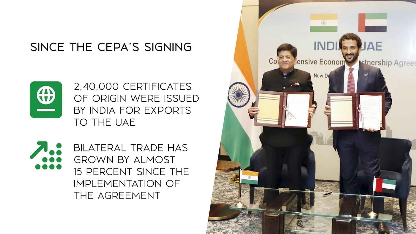 A frame from the video headed “Since the CEPA’s signing”, with two trade figures beside a photograph of two officials holding signed agreements in front of the Indian and UAE flags.