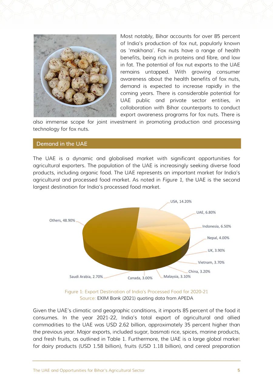 The UAE and Opportunities for Bihar’s Agricultural Sector, page 5: text with a gold pie chart.