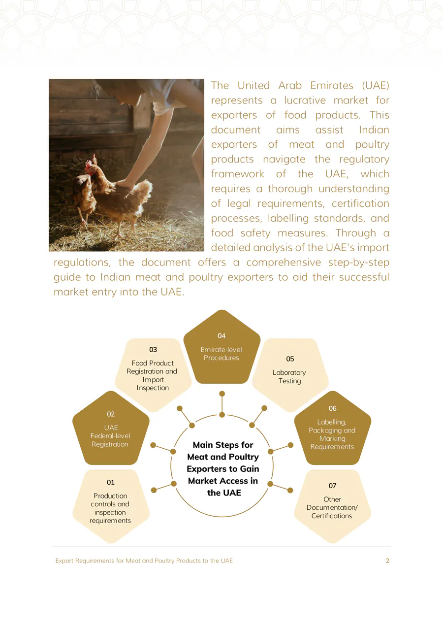 Export Requirements for Meat and Poultry Products to the UAE, page 2: an introduction and a gold diagram of the main steps for exporters.