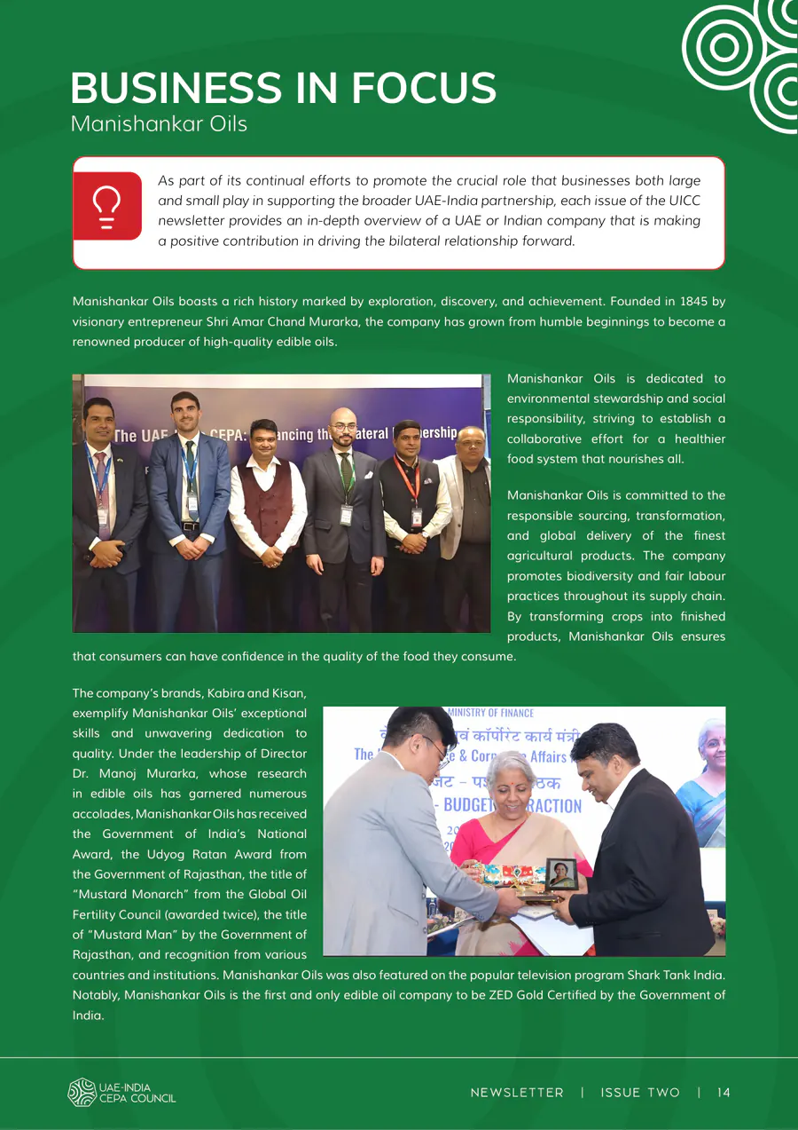Newsletter, Issue Two, page 14: a green “Business in Focus” opener with photos of a shop and an event.