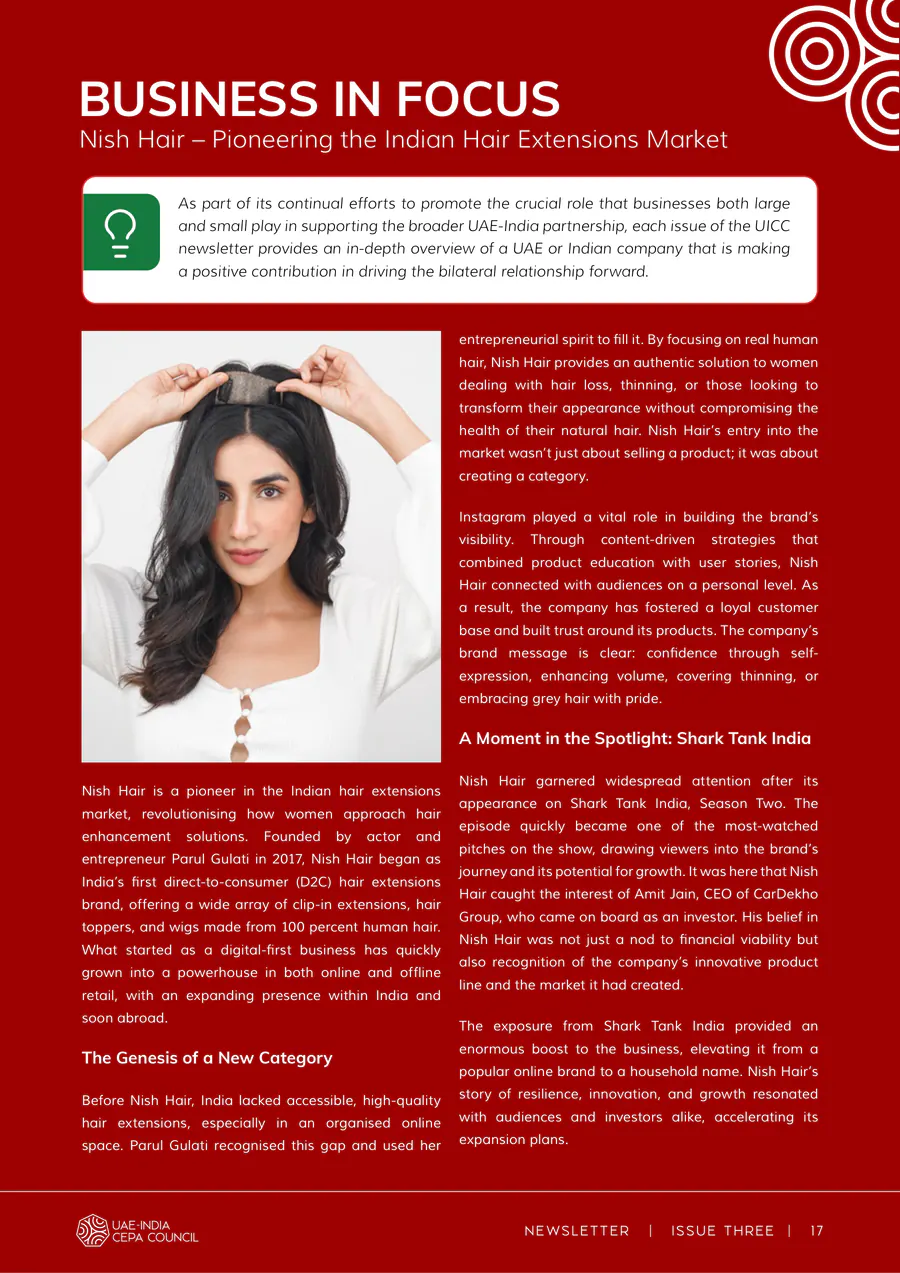Newsletter, Issue Three, page 17: a red “Business in Focus” opener with a portrait of an entrepreneur.