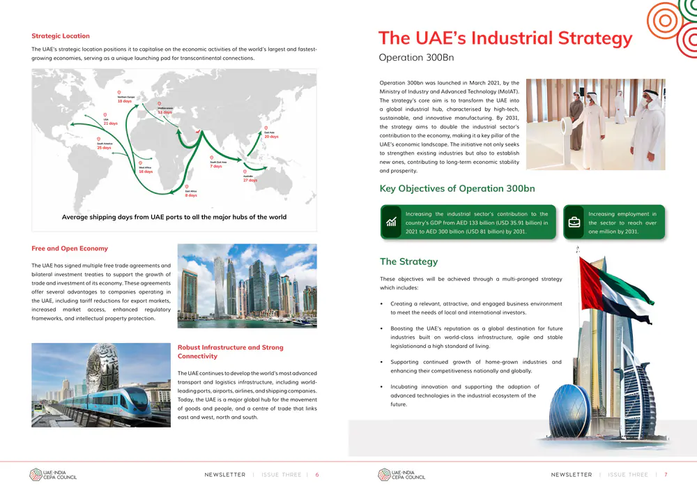 Newsletter, Issue Three, pages 6–7: a shipping-route map and transport photos beside a page on the UAE’s industrial strategy.