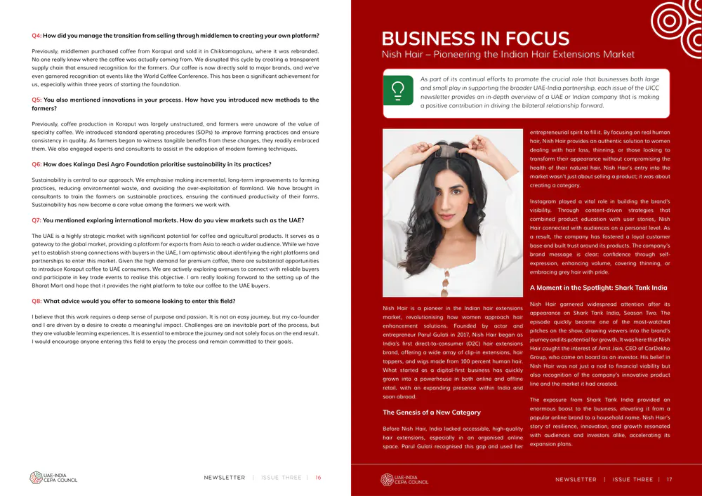 Newsletter, Issue Three, pages 16–17: the end of an interview beside a red “Business in Focus” opener with a portrait of an entrepreneur.