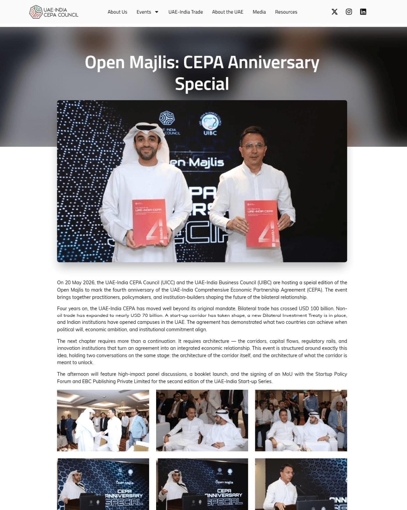 Full-page view of the event page “Open Majlis: CEPA Anniversary Special”, with two men holding a red publication, a write-up and a photo grid.