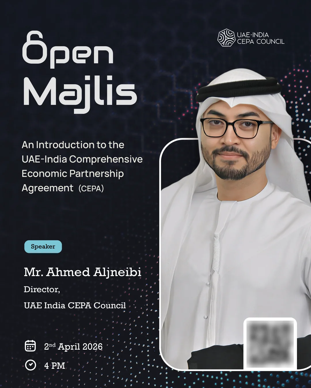 Poster on a dark navy background with glowing dots: the Open Majlis wordmark, the session title, a speaker label, name and title, the date and time, and a portrait in a rounded frame.