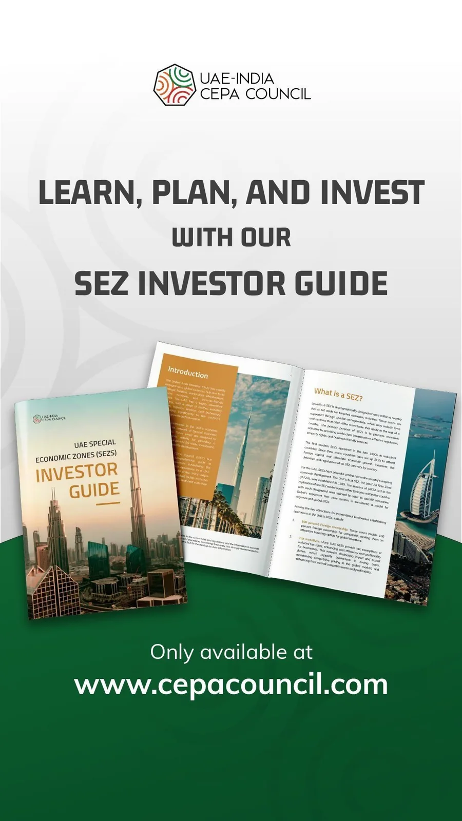 Reel cover on white and green: the SEZ Investor Guide open beside its cover, under the headline “Learn, plan, and invest with our SEZ investor guide”, and “Only available at www.cepacouncil.com”.