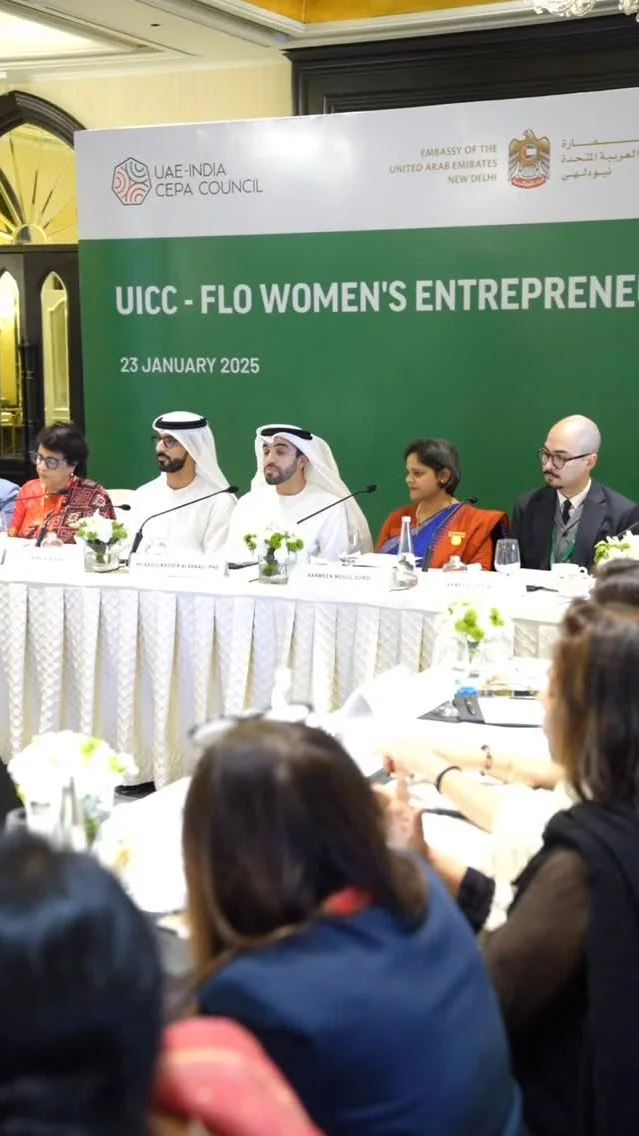 Reel cover: delegates around a long table at a roundtable, in front of a banner for the UICC–FLO women’s entrepreneurship roundtable, 23 January 2025.