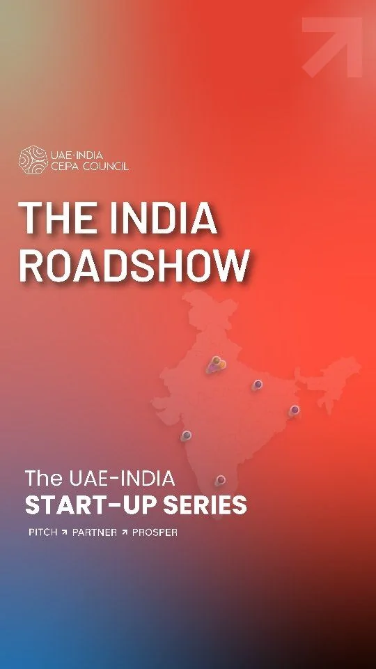 Reel cover on a red gradient: “The India Roadshow” over a map of India with pins, and “The UAE–India Start-Up Series — Pitch ↗ Partner ↗ Prosper”.