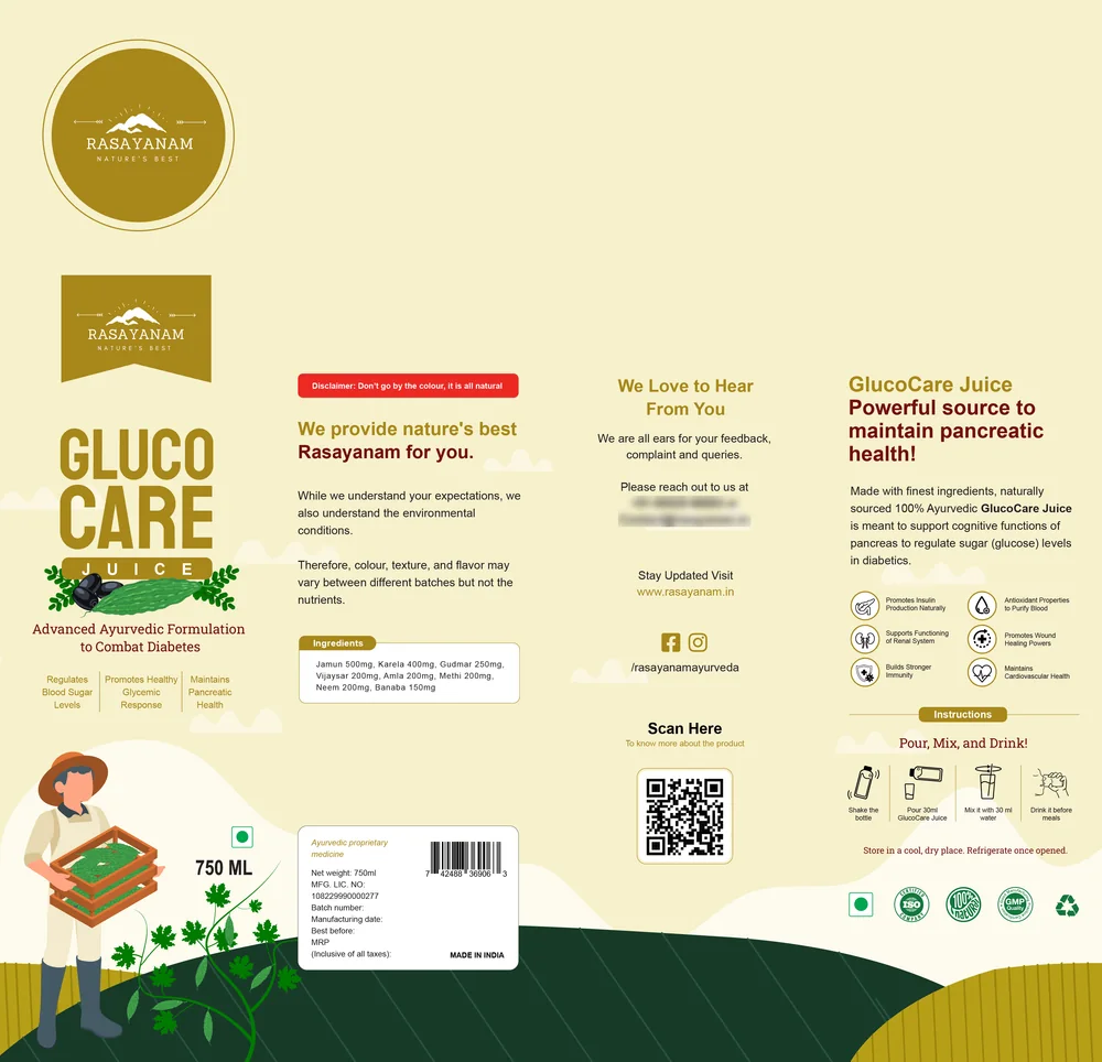 The GlucoCare carton laid flat: a tall front panel with the product logo and farmer, a round brand badge on the top flap, and side panels with text, a QR code and the barcode.