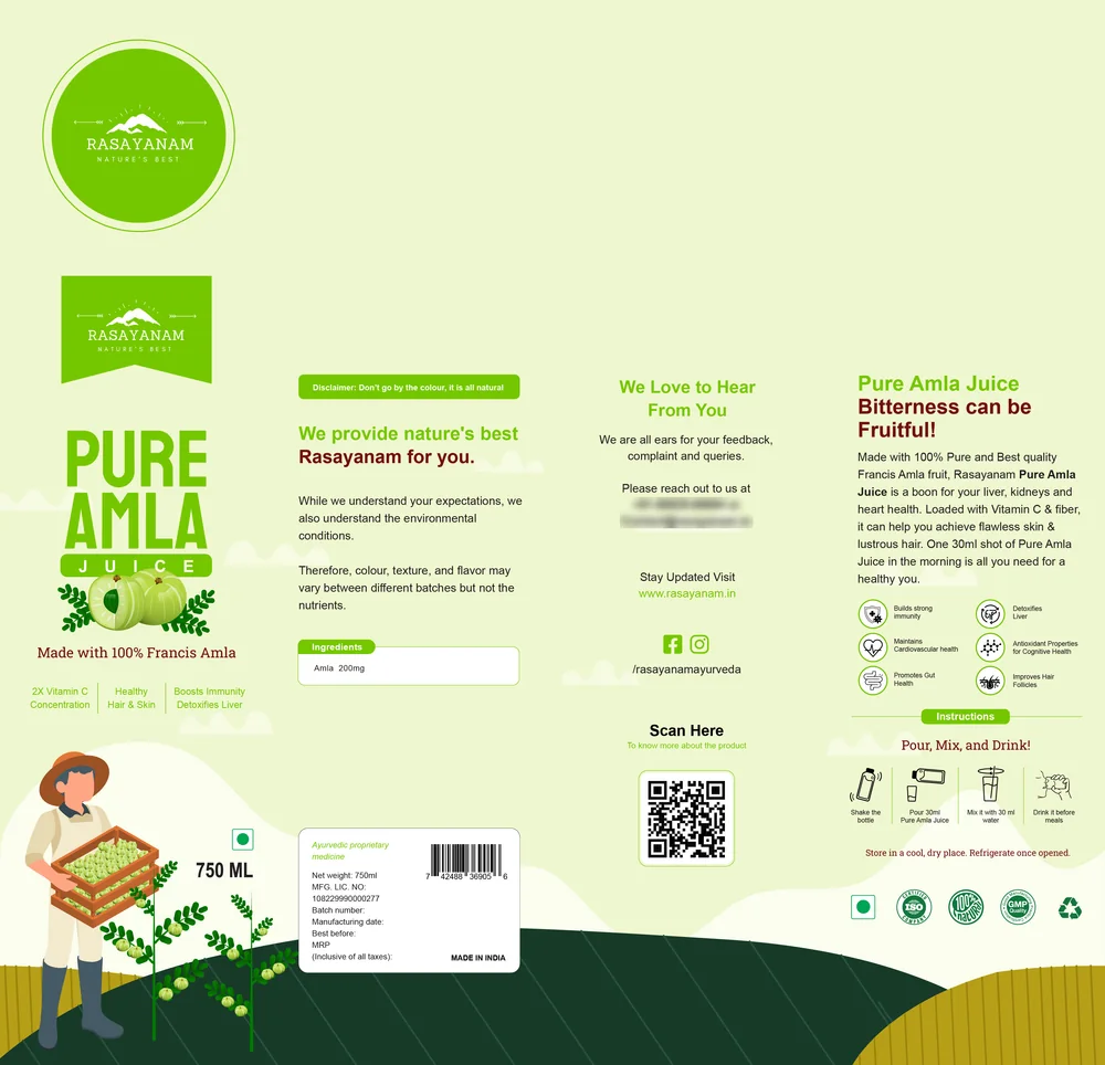 The Pure Amla carton laid flat, in the same layout on pale green.