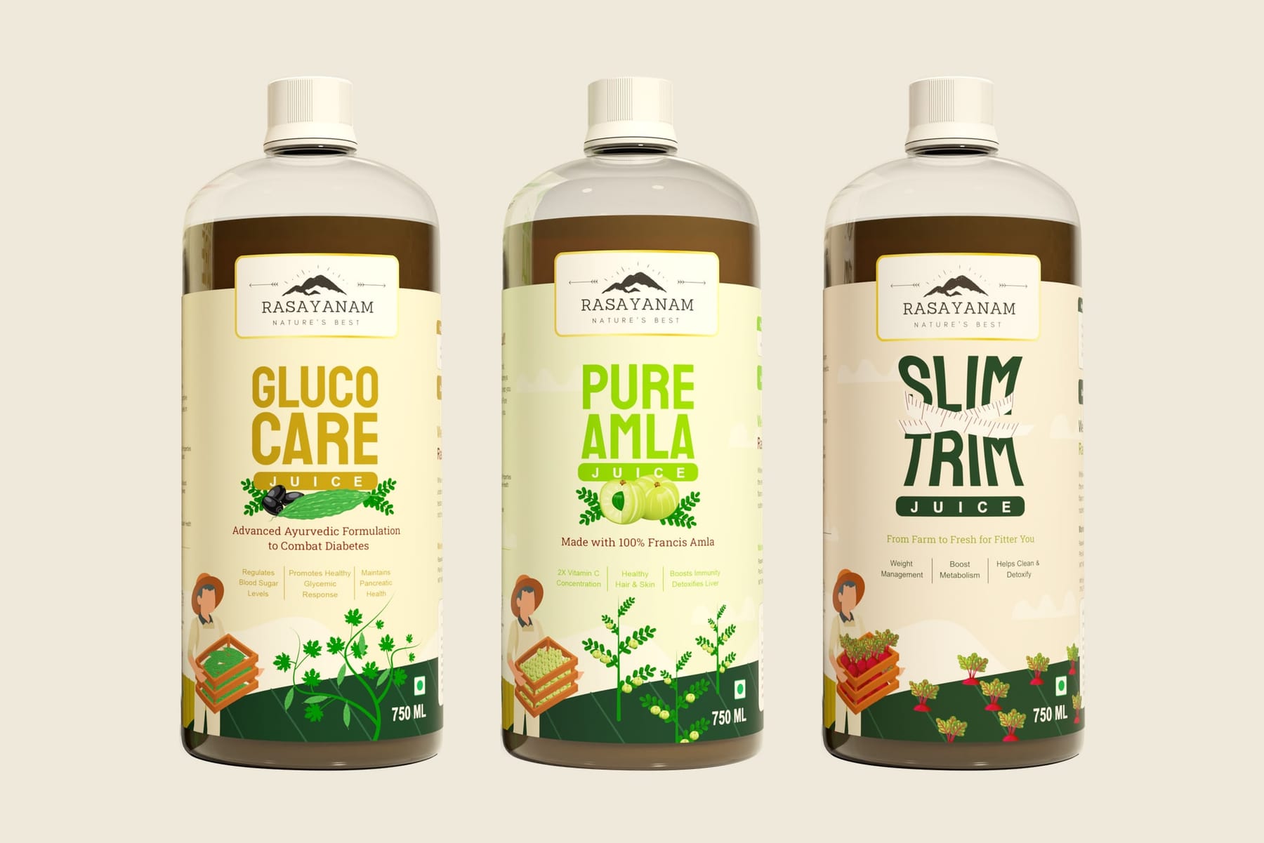 Mockup: the GlucoCare, Pure Amla and Slim Trim bottles side by side, each with the brand badge, a stacked product name and a farmer illustration on its label.