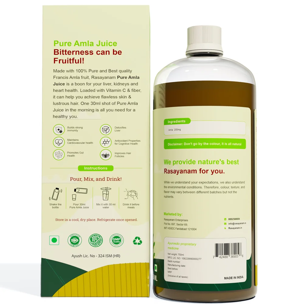 Mockup: the back of the Pure Amla carton and bottle, with the text panels and barcode.