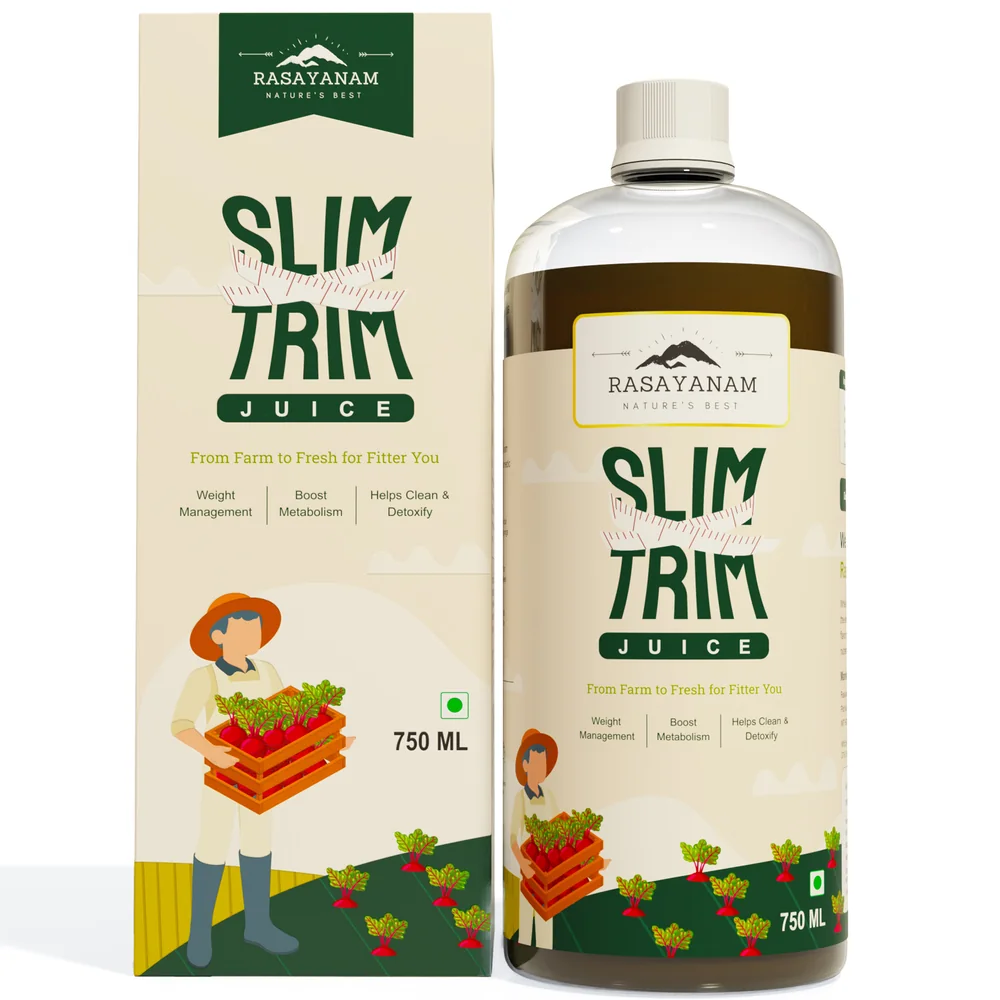 Mockup: the Slim Trim carton standing beside its bottle, both showing the front, on white.