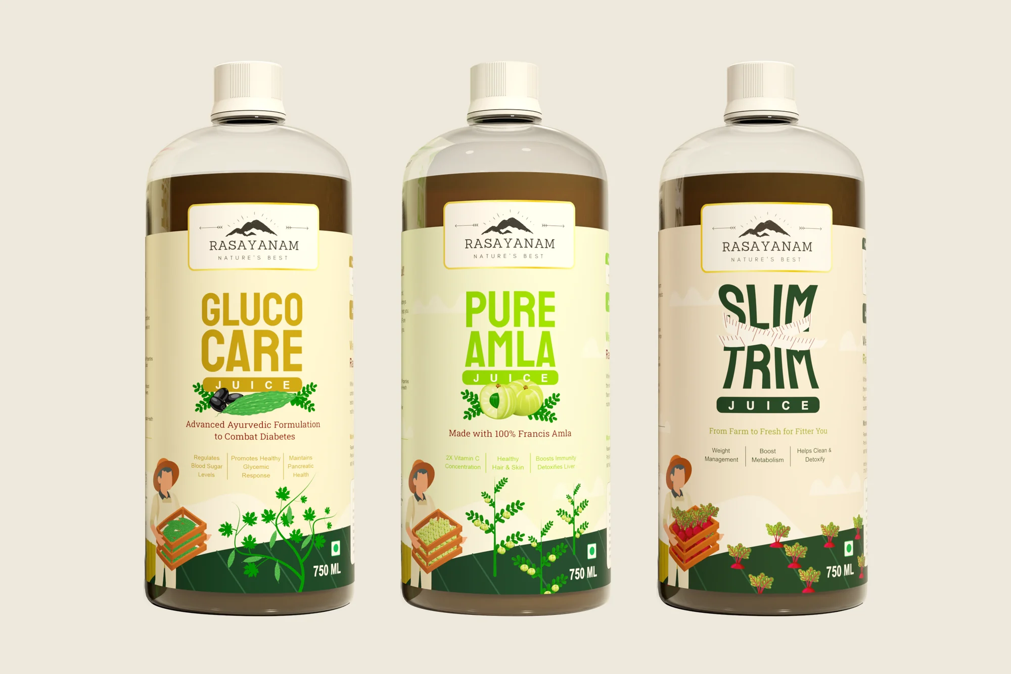 Mockup: the GlucoCare, Pure Amla and Slim Trim bottles side by side, each with the brand badge, a stacked product name and a farmer illustration on its label.