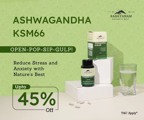 The Ashwagandha KSM-66 banner re-set for a near-square frame: the headline top left, the product on plinths at the right, the offer below.