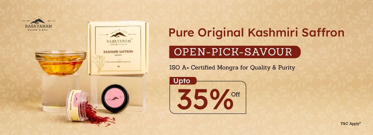 Wide banner on a beige floral pattern: the Kashmiri saffron box, two jars and a glass bowl of saffron water, with “Pure Original Kashmiri Saffron”, “Open-Pick-Savour” and “Upto 35% off”.