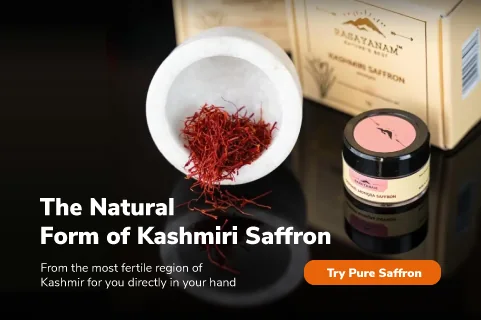 Small banner on black: saffron threads in a white marble bowl beside the saffron box and jar, with “The Natural Form of Kashmiri Saffron” and a “Try Pure Saffron” button.