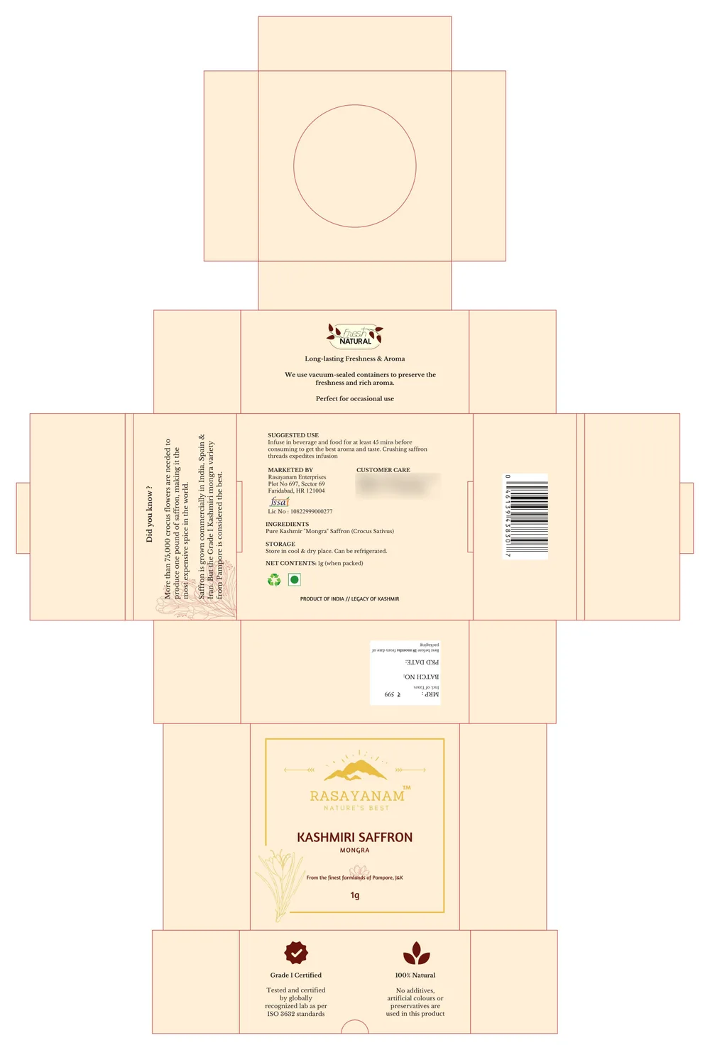 Flat artwork of the Kashmiri saffron 1g box in cream, with dark red type and the same panels as the 0.5g box.