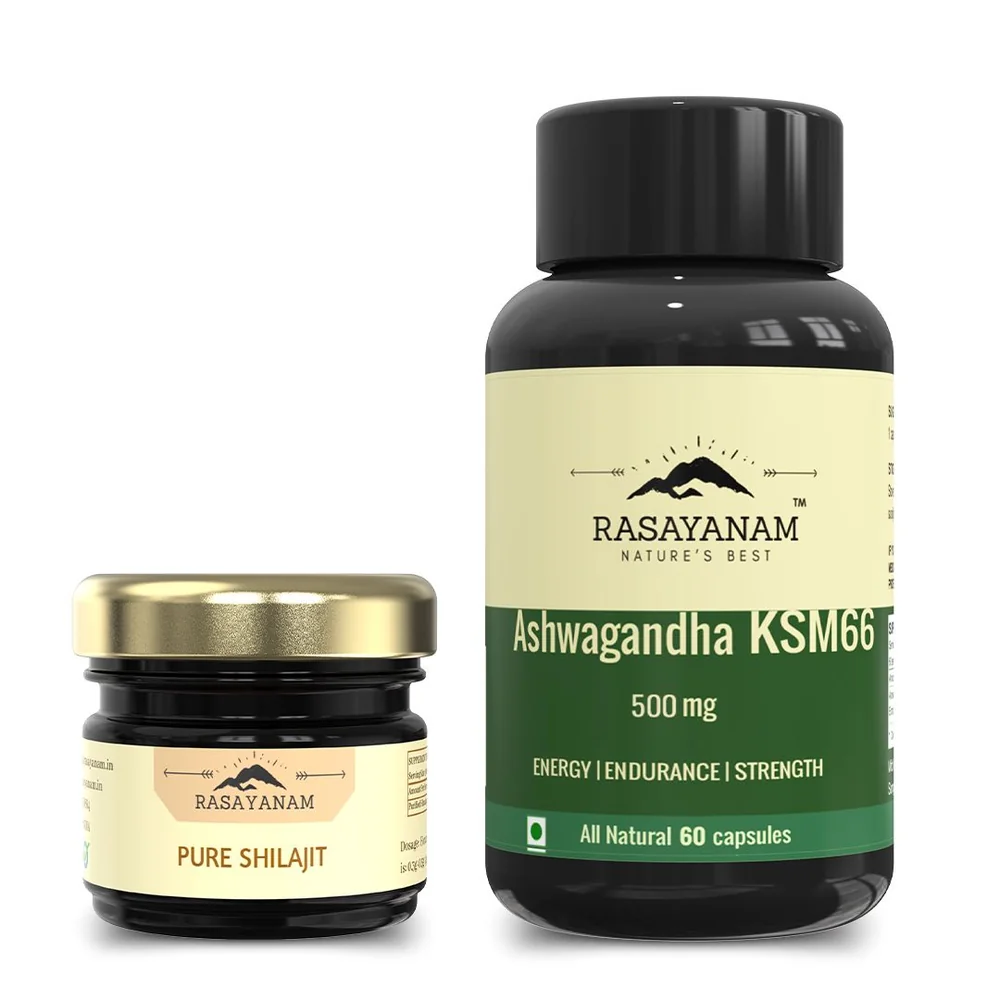A Pure Shilajit jar and an Ashwagandha KSM-66 bottle side by side on white.
