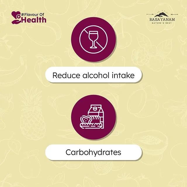 Two purple circular icons with labels: reduce alcohol intake, and carbohydrates.