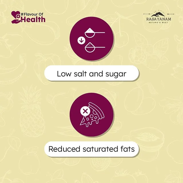 Two purple circular icons with labels: low salt and sugar, and reduced saturated fats.