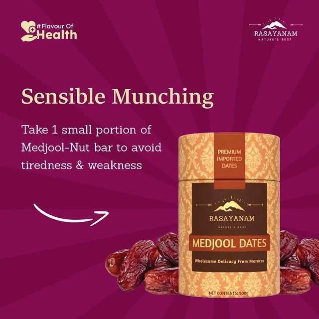“Sensible Munching”: a one-line tip and an arrow pointing to a tin of Medjool dates.