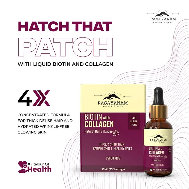 “Hatch That Patch with liquid biotin and collagen” over the box and dropper bottle, with a large “4X”, on white.