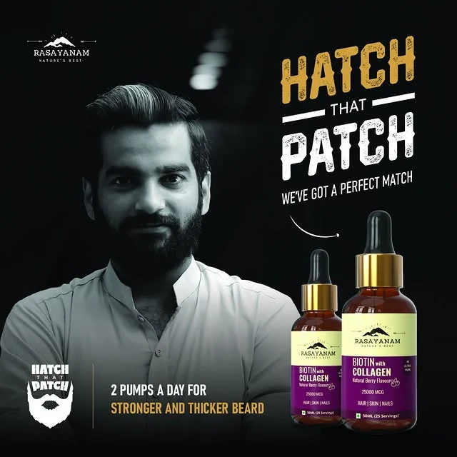 A black-and-white portrait of a bearded man beside two dropper bottles, with “Hatch That Patch” in large yellow type.