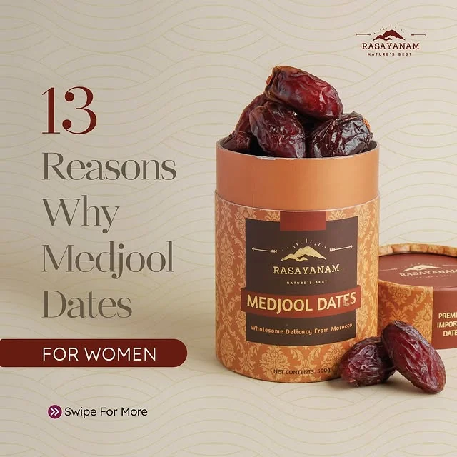 “13 Reasons Why Medjool Dates” in thin serif type on a beige wave texture, beside an open tin of dates and a “For women” tag.
