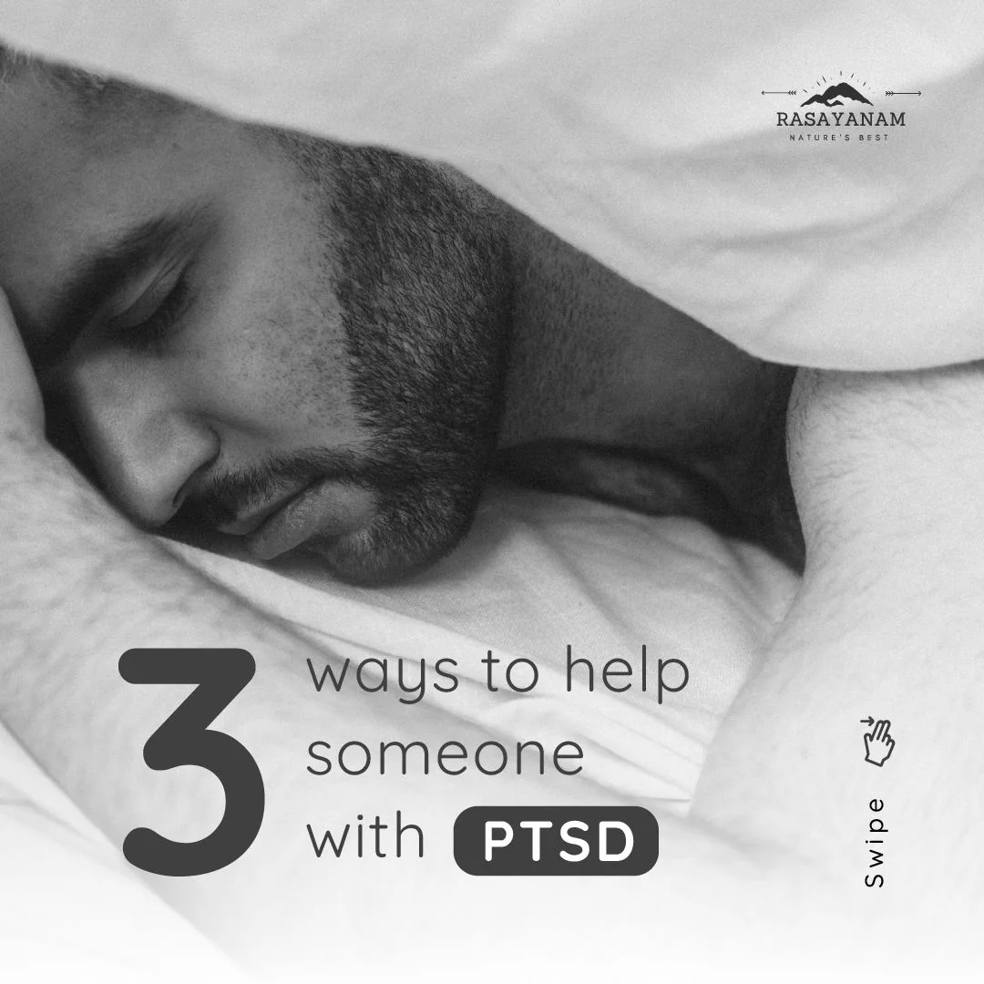 Black-and-white photo of a man asleep under a white duvet, with the headline “3 ways to help someone with PTSD”, the Rasayanam logo and a “Swipe” prompt.
