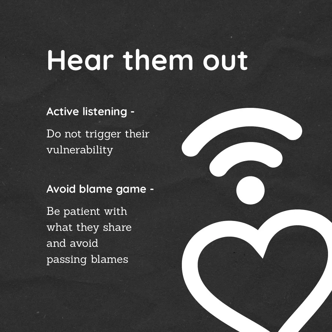 “Hear them out”: tips on active listening and avoiding blame, beside a white heart with a signal icon above it.