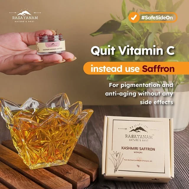 A hand holding a saffron jar above a crystal bowl, beside the saffron box, with the #SafeSideOn badge and a white headline.
