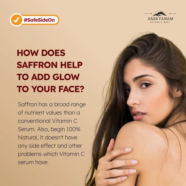 A woman with long hair, looking over her shoulder, beside a short paragraph on saffron.