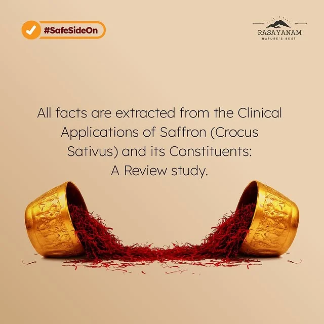 A brass bowl spilling saffron threads, under a note on the source of the facts.