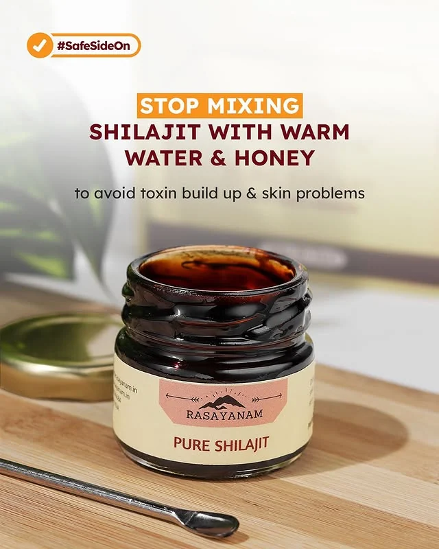 A jar of Pure Shilajit with a spoon, under a two-line headline in a white box and the #SafeSideOn badge.