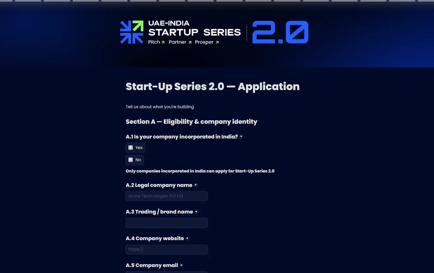 The Start-Up Series 2.0 application form on desktop: the Series 2.0 banner, the heading “Start-Up Series 2.0 — Application”, and the first questions of Section A on eligibility and company identity.