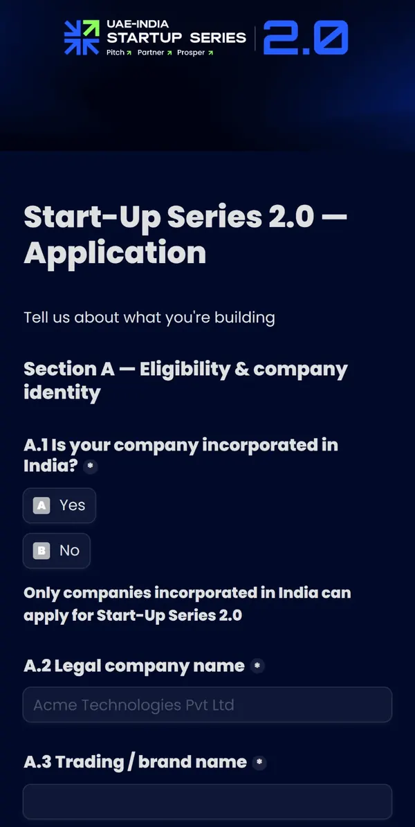 The application form on a phone: the Series 2.0 banner, the heading, and the first eligibility question with Yes and No options.