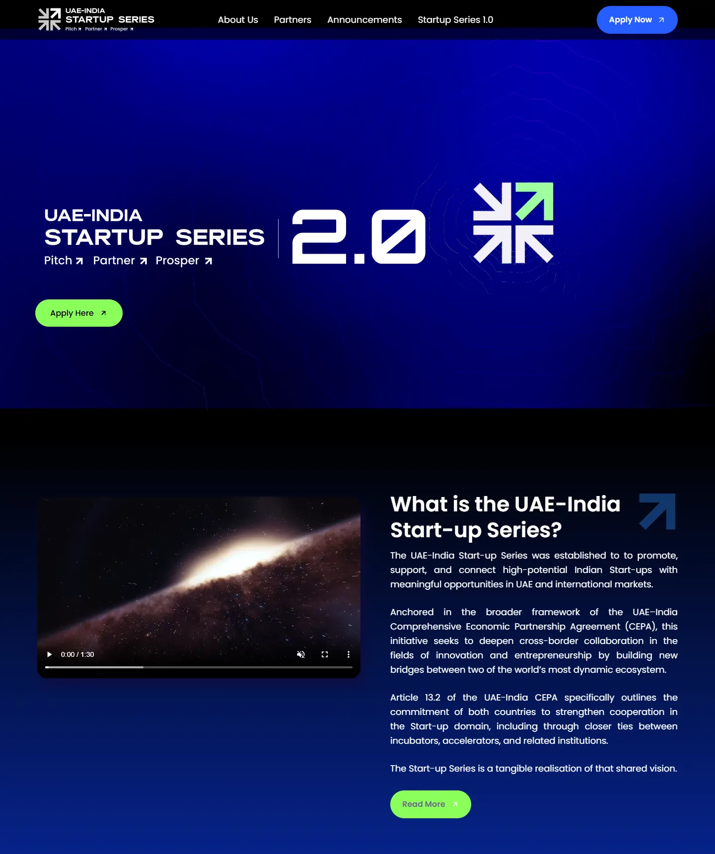 The homepage on desktop: a dark blue hero with the UAE–India Startup Series 2.0 wordmark and an Apply Now button, then a section titled “What is the UAE–India Start-up Series?” beside a video player.