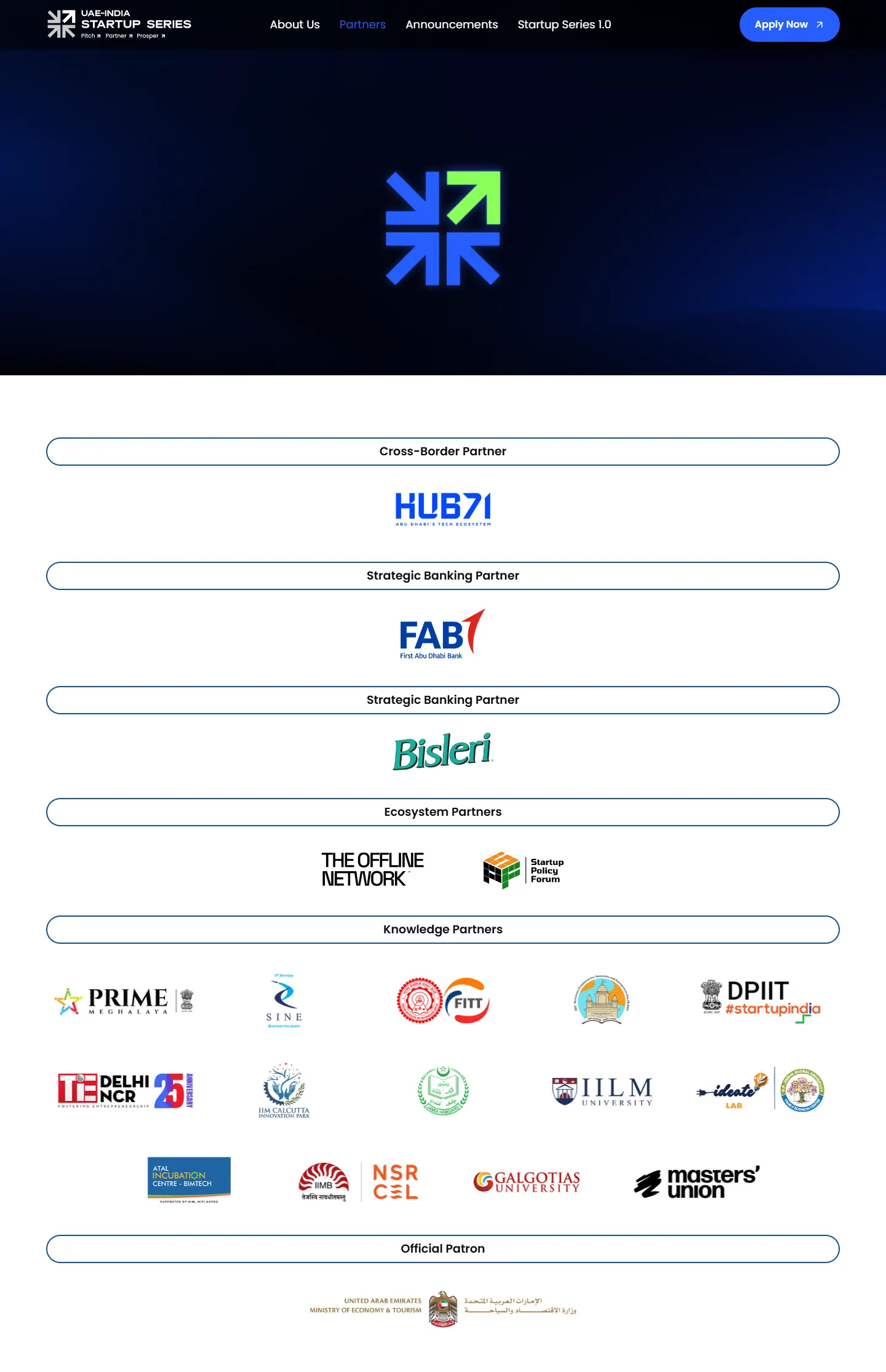 The Partners 2.0 page on desktop: partner logos grouped under outlined headings, from the cross-border partner to the official patron.