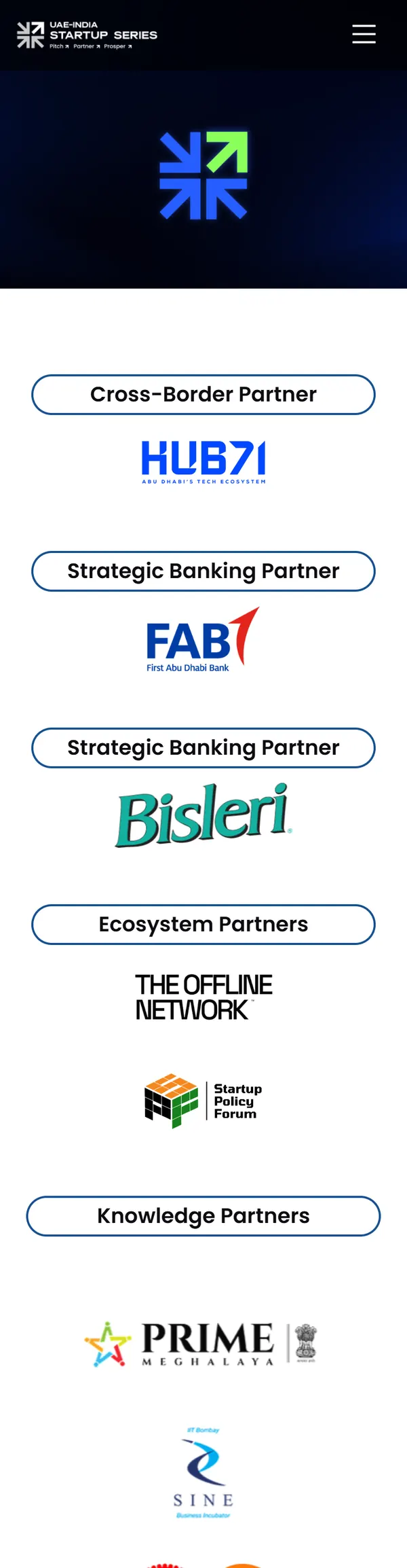 The Partners 2.0 page on a phone: the partner groups stacked, each outlined heading above its logos.