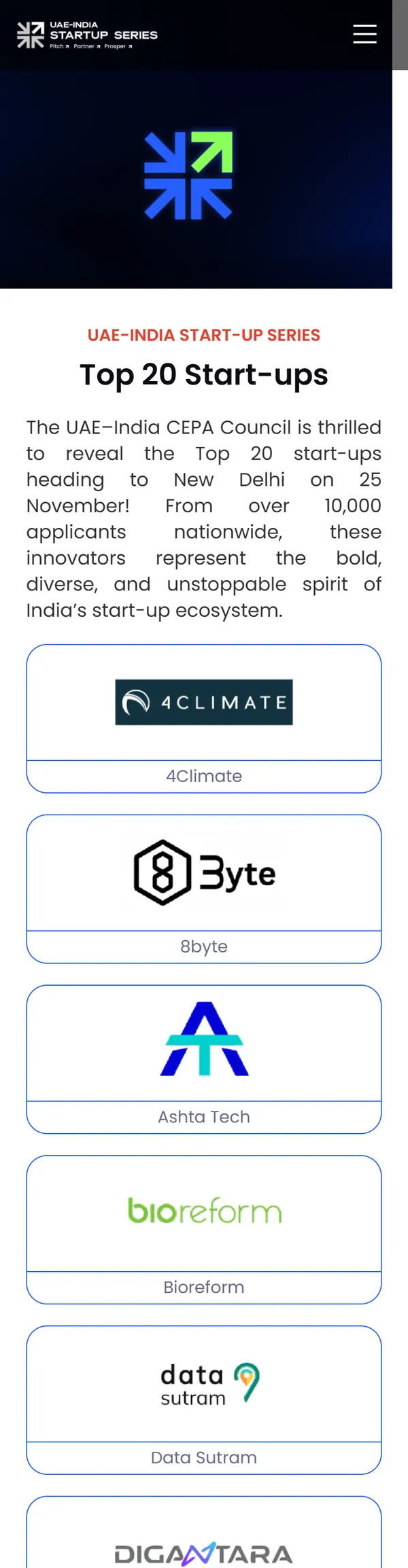 The Top 20 Start-ups page on a phone: the introduction, then start-up logo cards in a single column.