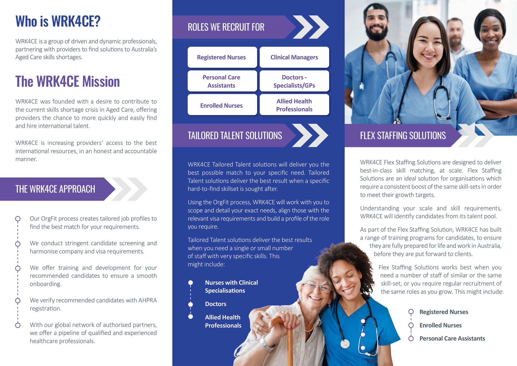 The inside spread of the WRK4CE trifold: an introduction and approach on white, the roles they recruit for as rounded buttons on blue, and a column on flexible staffing under a photo of smiling healthcare staff in scrubs.