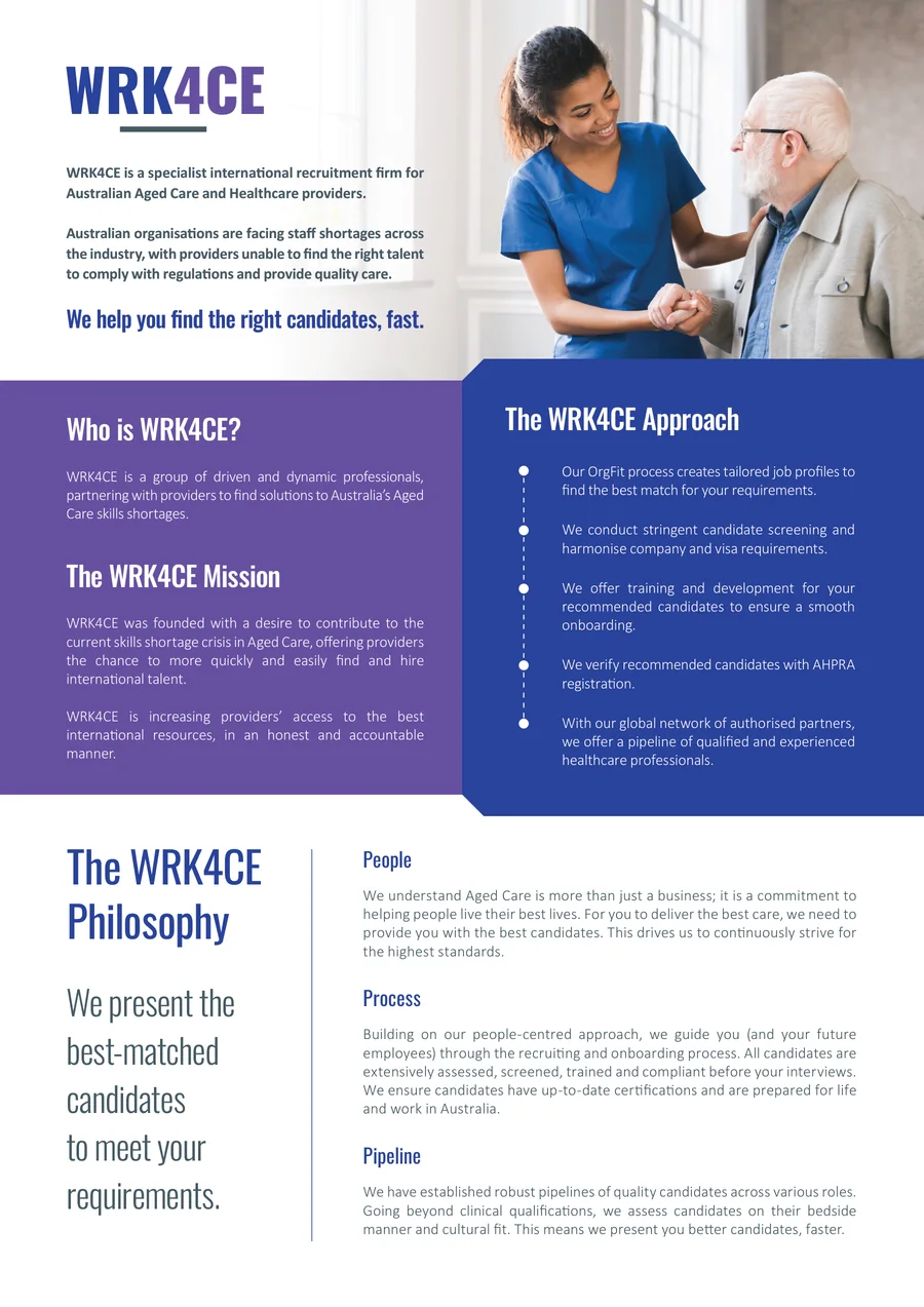 The flyer front: the WRK4CE logo and introduction beside a photo of a carer with an older man, then purple and blue panels for who they are, the mission and the approach, and the philosophy below.